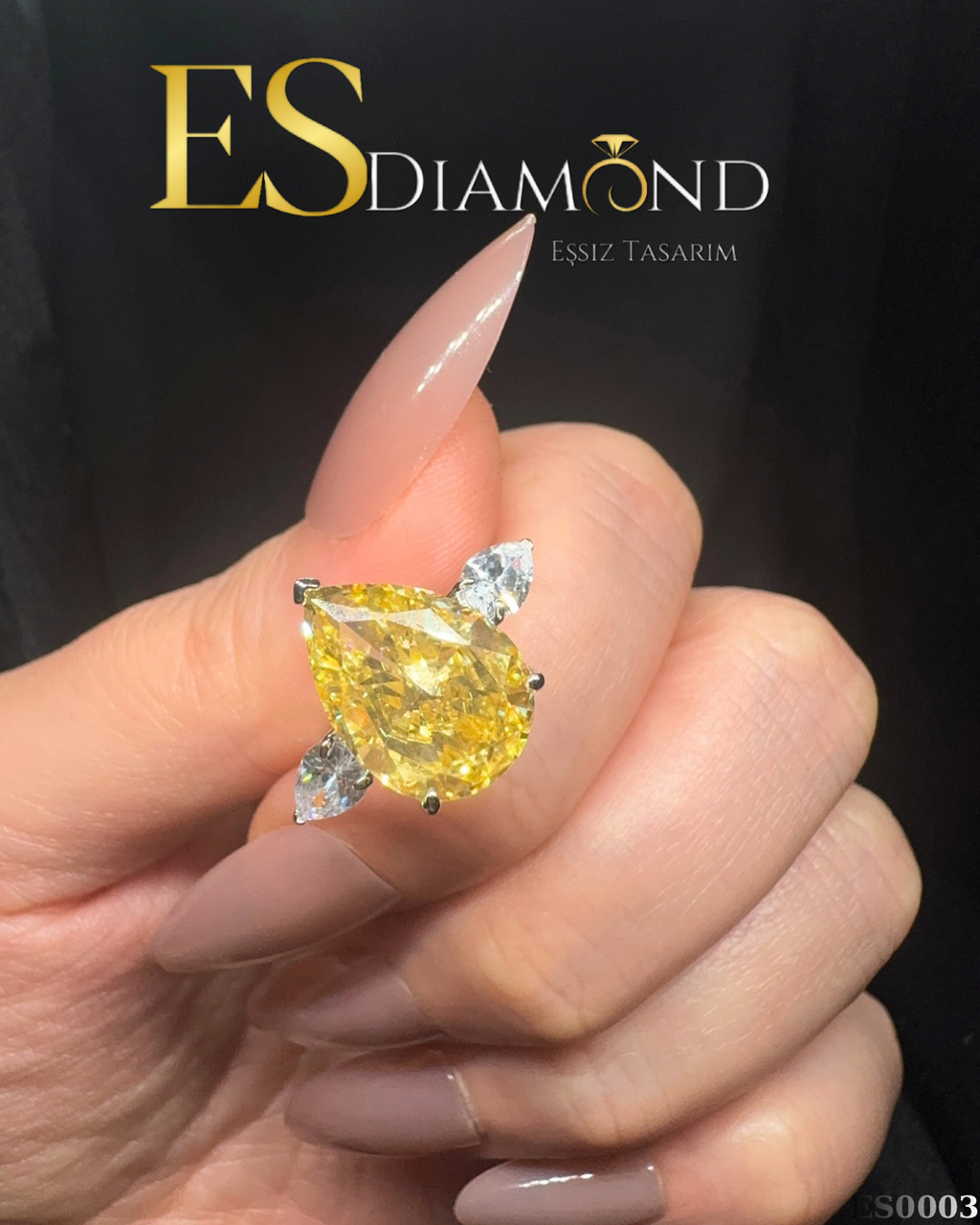 DAMLA ÖZEL KESİM SİTRİN TAŞLI PIRLANTA KASA GÜMÜŞ YÜZÜK